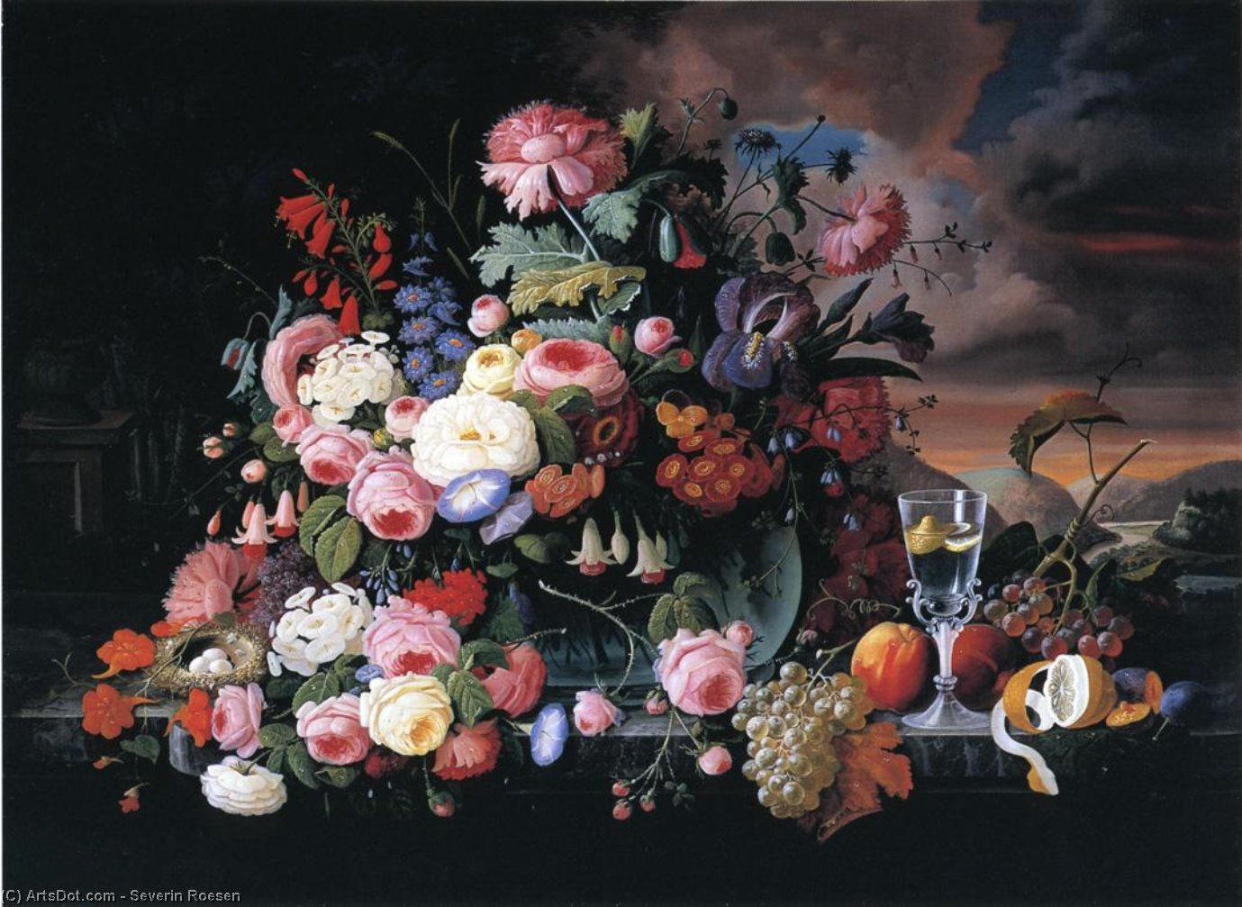 Still Life Of Flowers And Fruit With A River Landscape In The Distance — Северин Розен