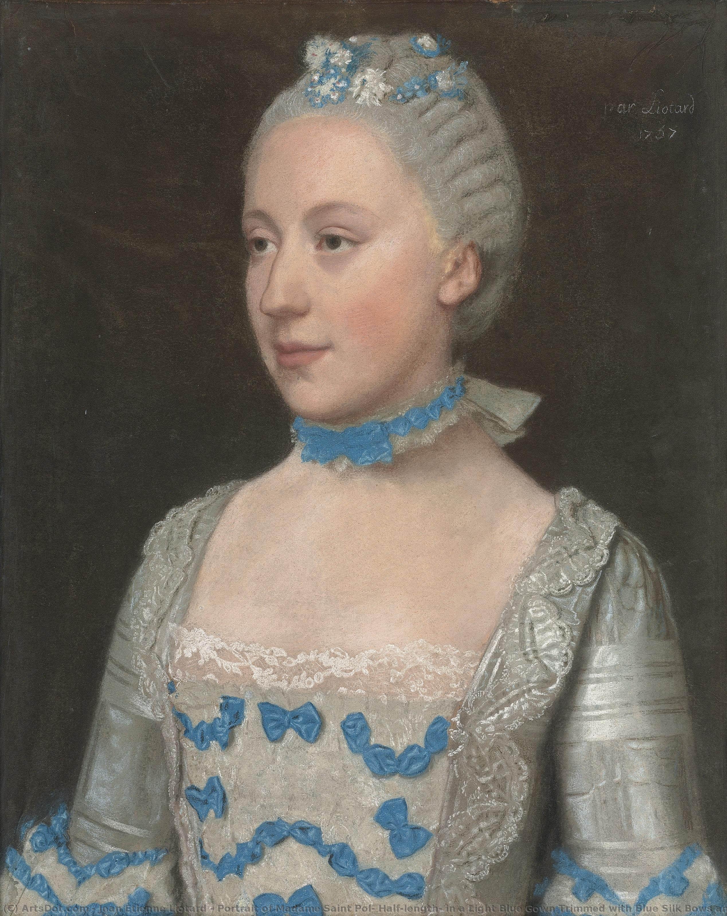 Portrait Of Madame Saint Pol, Half-length, In A Light Blue Gown Trimmed With Blue Silk Bows And White Lace — Jean-étienne Liotard