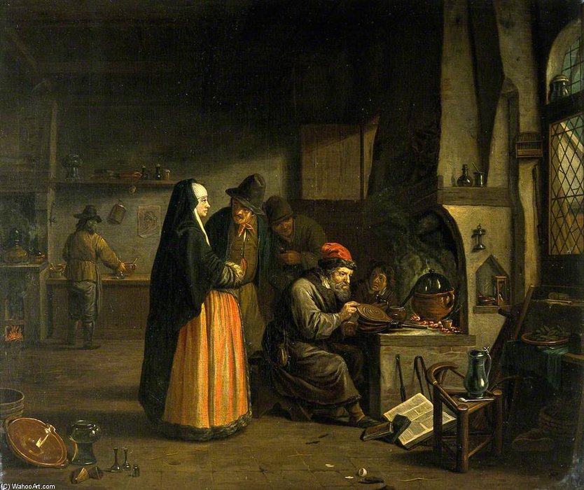 A Lady Visiting An Alchemist In His Laboratory — Jan Josef Horemans El Viejo