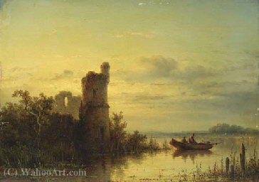 A Fishing Boat Near The Ruins Of A Castle At Dusk — Johannes Hilverdink