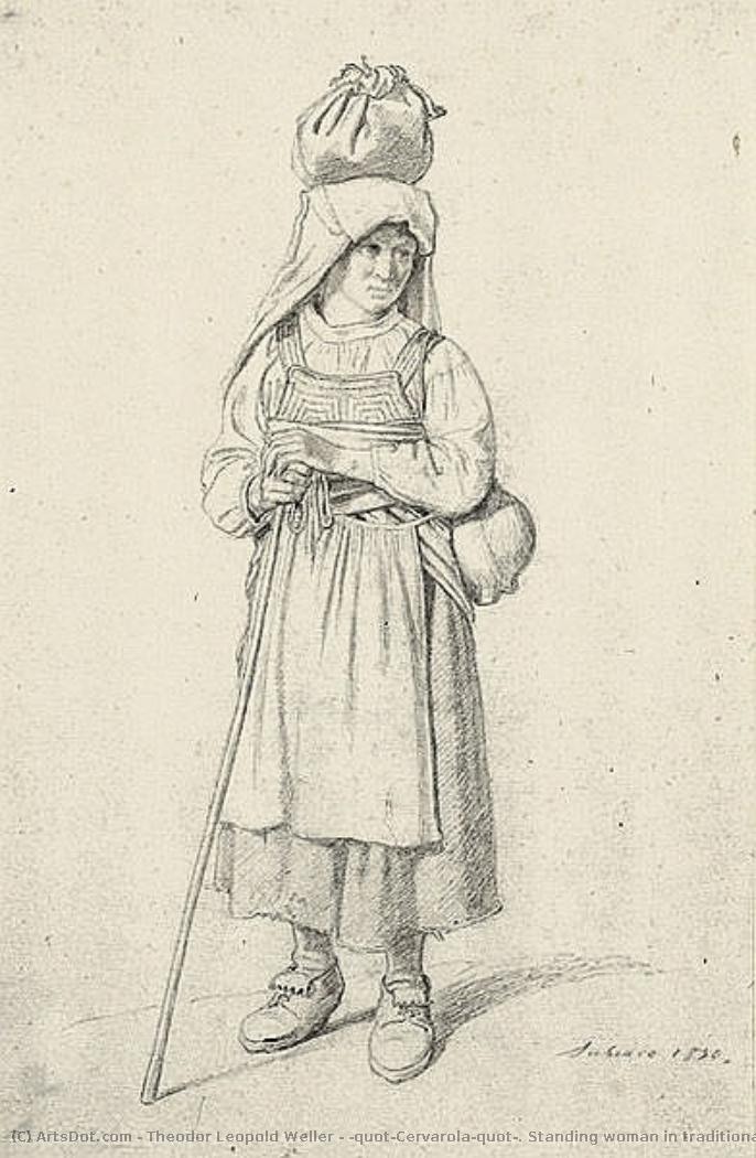 "cervarola". Standing Woman In Traditional Costume By Cervara, A Tied Pouch On Her Head And With A Walking Stick — Theodor Leopold Weller