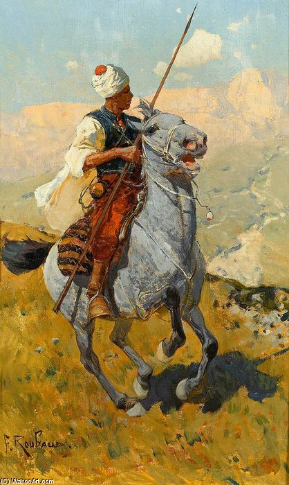 Bewaffneter Tscherkesse Galoppiert Auf Blauem Pferd — François Flameng