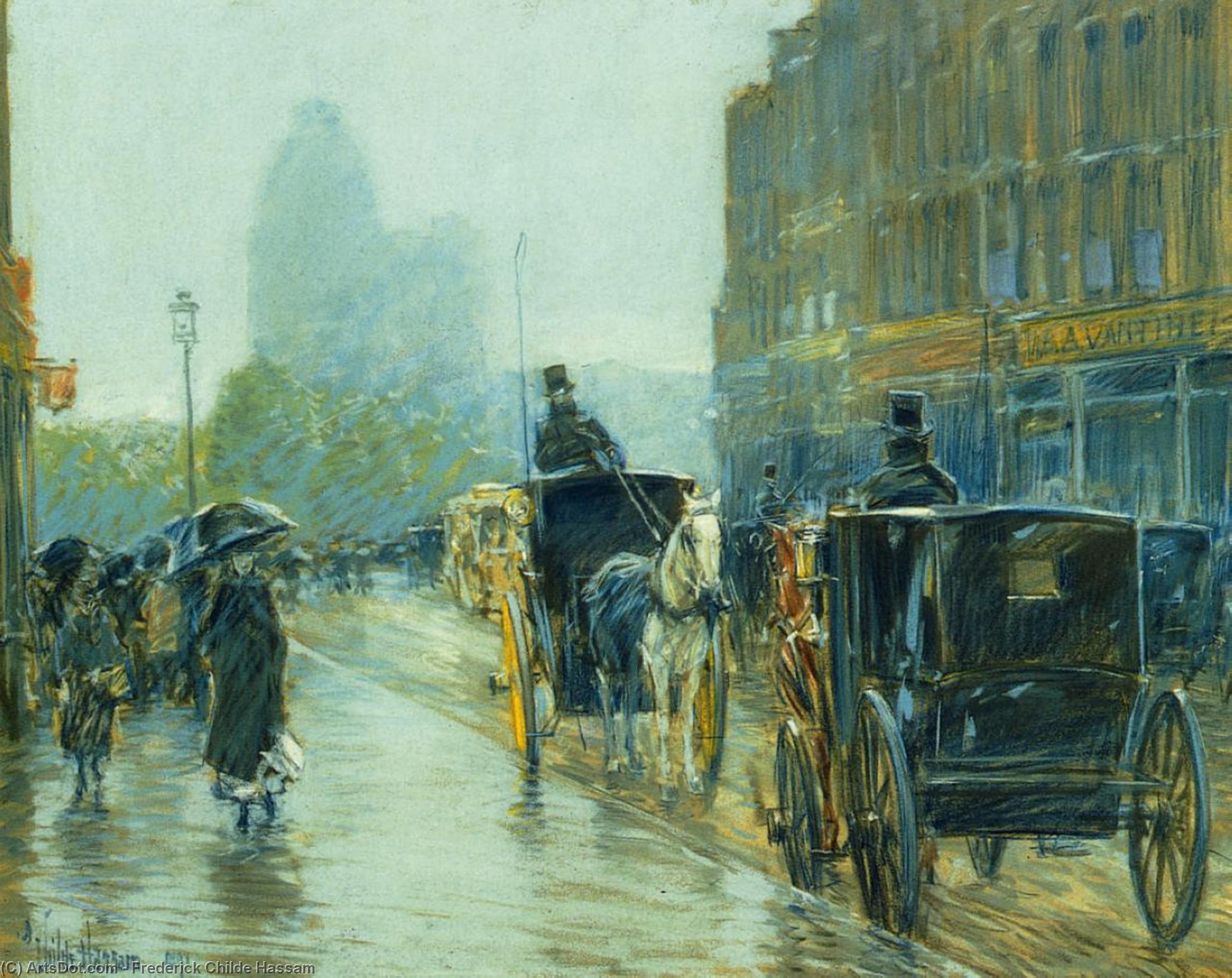 Horse-drawn Cabs At Evening, New York — Frederick Childe Hassam