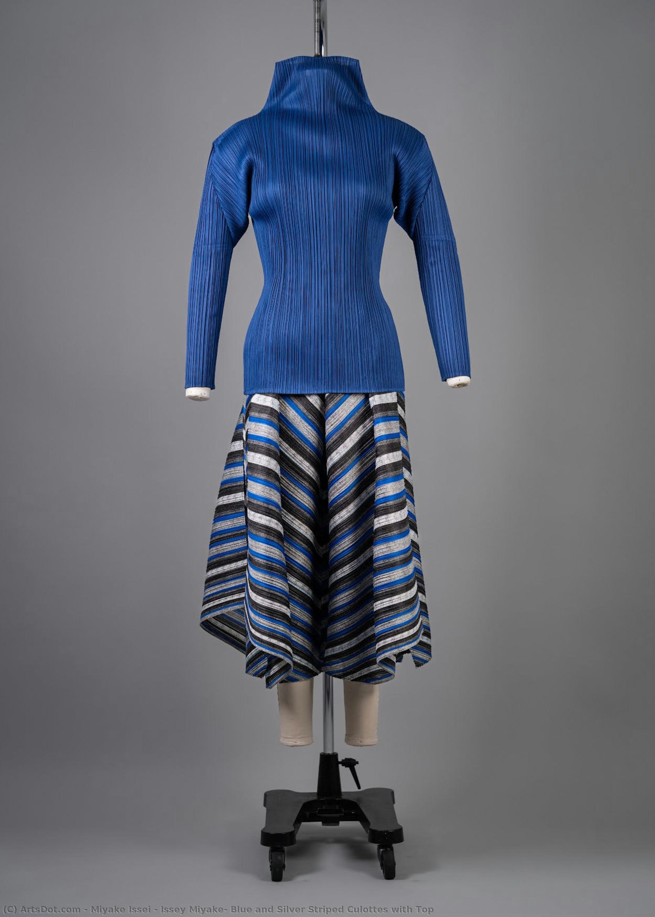 Issey Miyake, Blue And Silver Striped Culottes With Top — Issey Miyake