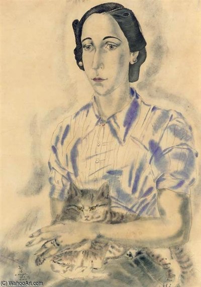 Portrait De Femme Assise Avec Chat — Léonard Tsuguharu Foujita