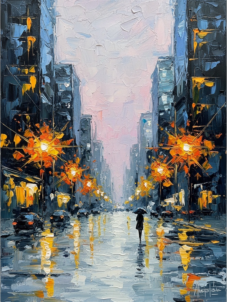 Leuchtende Echos Einer Mitternachtsmetropole In Schwerer Impasto-textur — Christian Noiret