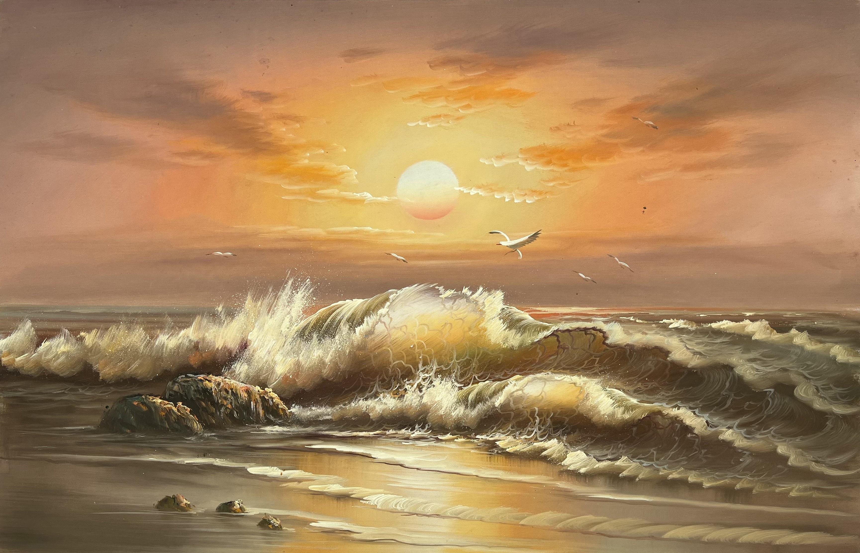 Golden Sunset Seascape With Coastal Waves