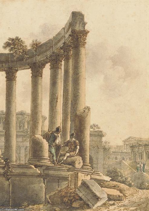 A Roman Fantasy With Two Soldiers On The Ruins Of A Circular Temple — Victor Jean Nicolle