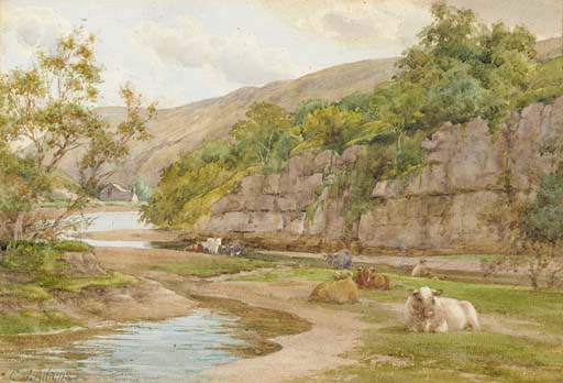 Cattle Resting On The Banks Of A River With A Fisherman Beyond — Charles James Adams