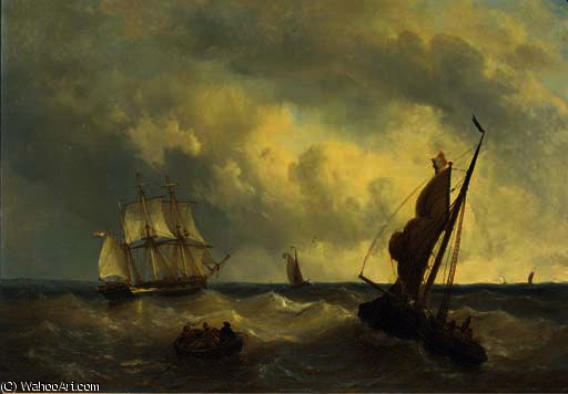 A Three-master And Other Vessels On Choppy Water — George Willem Opdenhoff