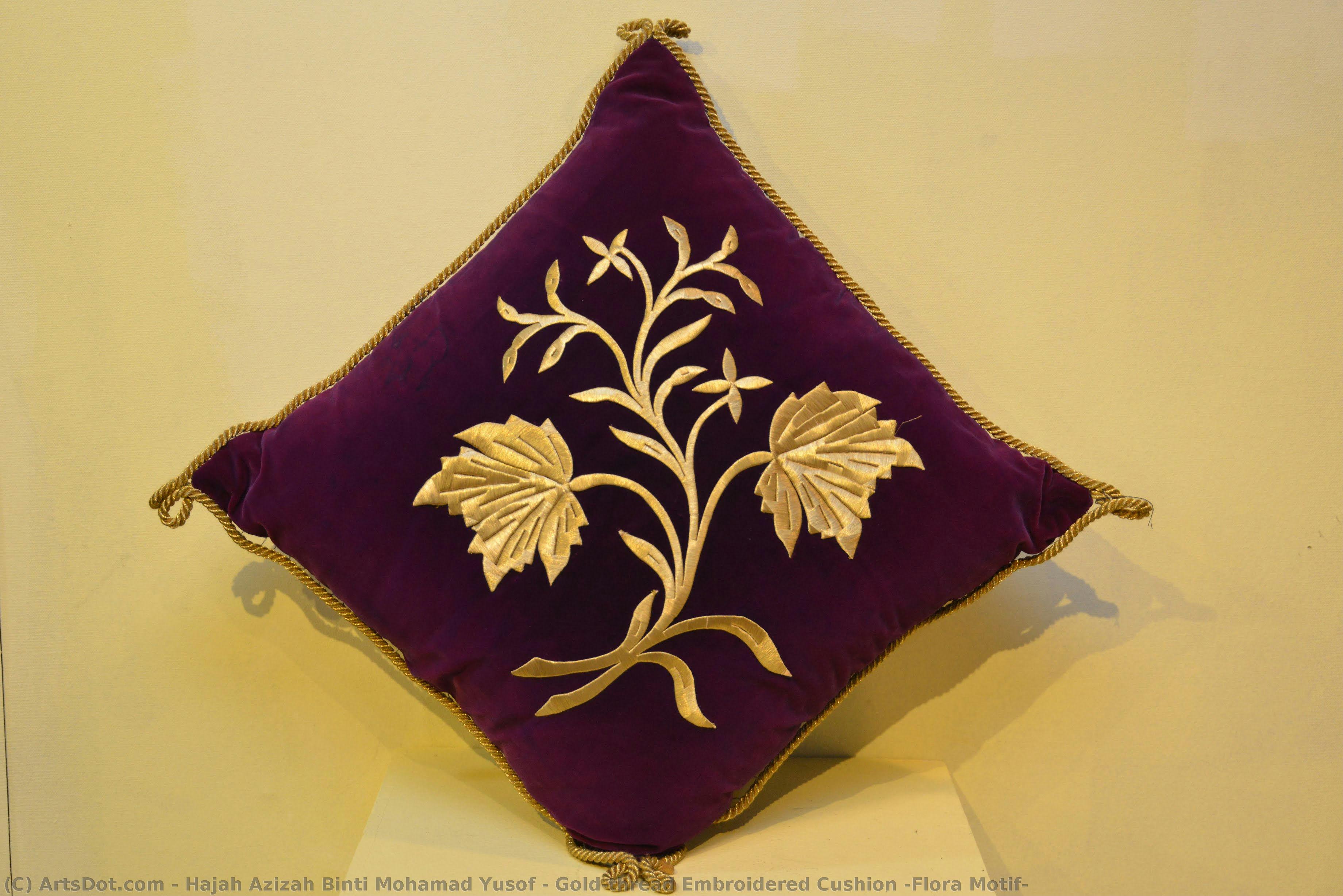 Gold-thread Embroidered Cushion (flora Motif) — Hajah Azizah Binti Mohamad Yusof