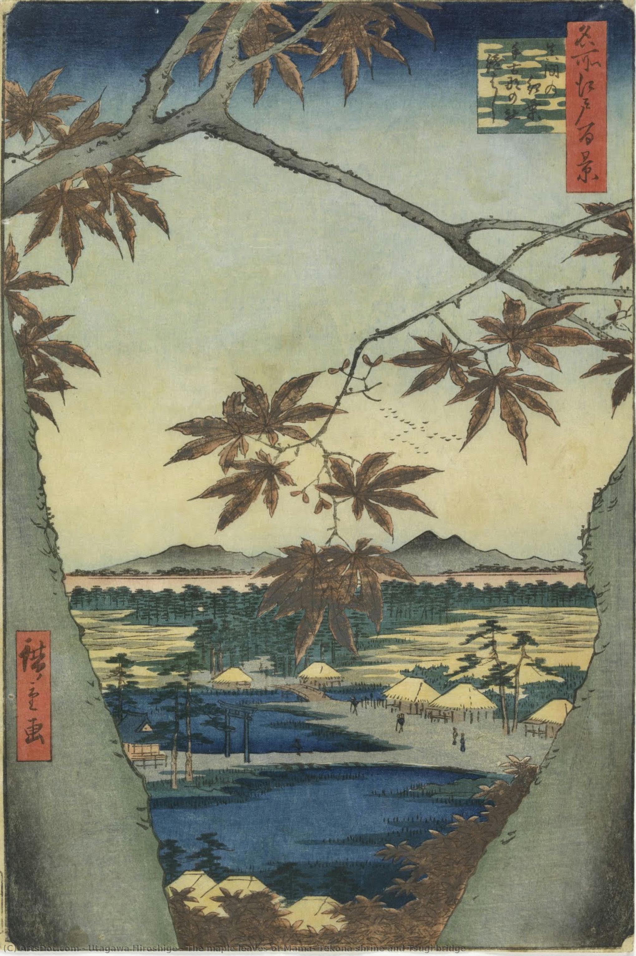 Las Hojas De Arce De Mama, El Santuario Tekona Y El Puente Tsugi — Utagawa Hiroshige