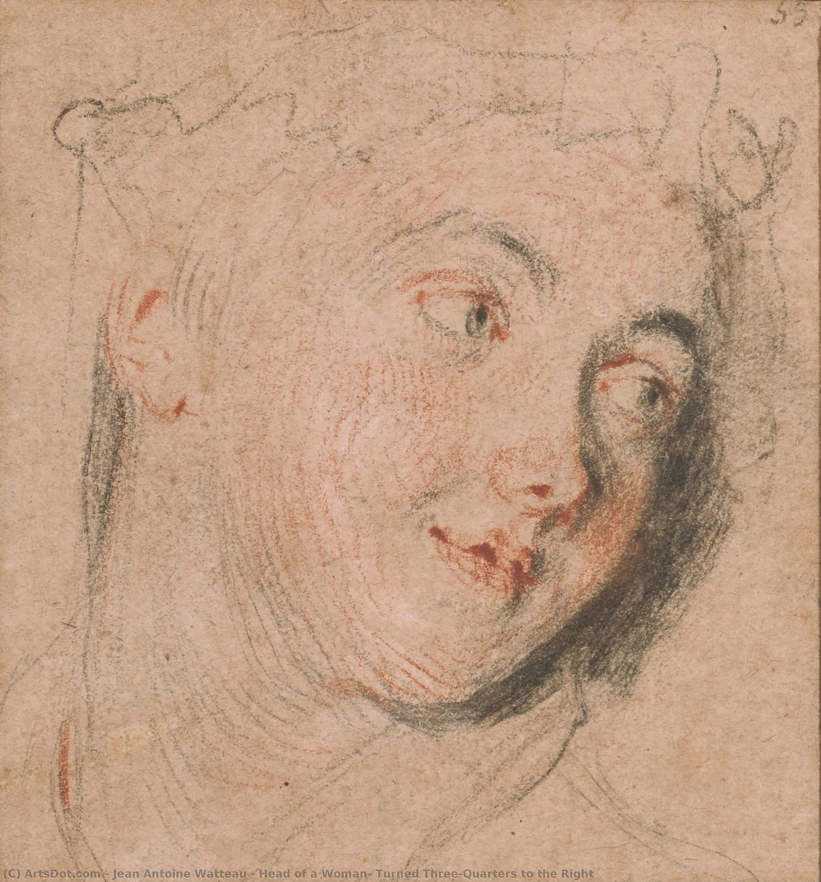 Cabeza De Una Mujer, Girada Tres Cuartos A La Derecha — Jean-antoine Watteau
