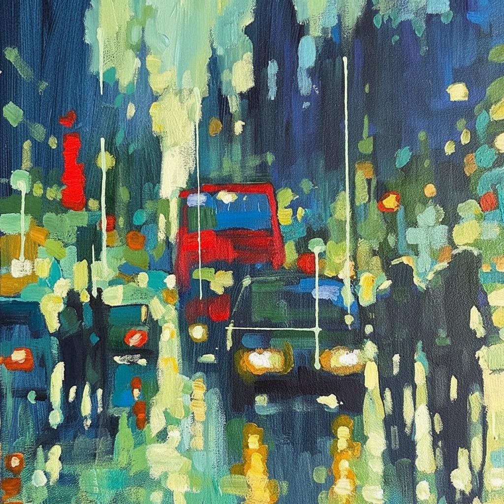 Midnight Rainfall: A Singular Impression Of Crimson Echoes And Urban Twilight — Caroline Pelletier