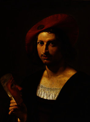 Portrait Of A Young Man Wearing A Wide-brimmed Red Hat With A Badge, And Holding A Mask — Pietro Paolini