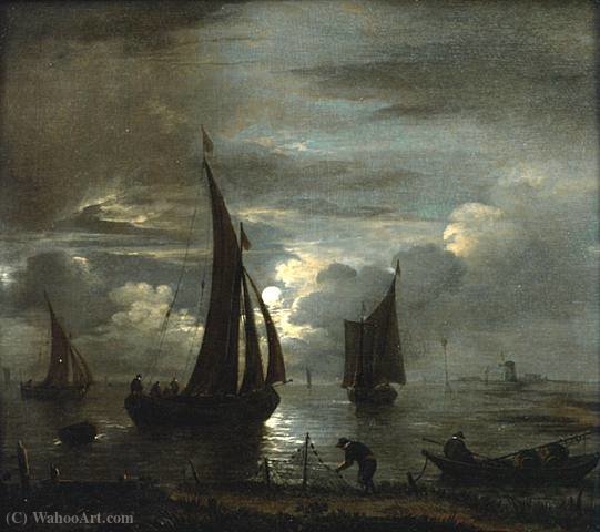 A River Scene By Moonlight — Anthonie Van Borssum