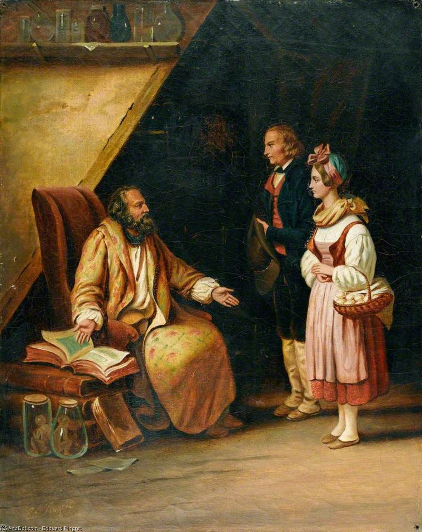 A Young Couple Visit A Savant Who Consults Ancient Volumes In Order To Provide Counselling To Them — Edouard Pingret