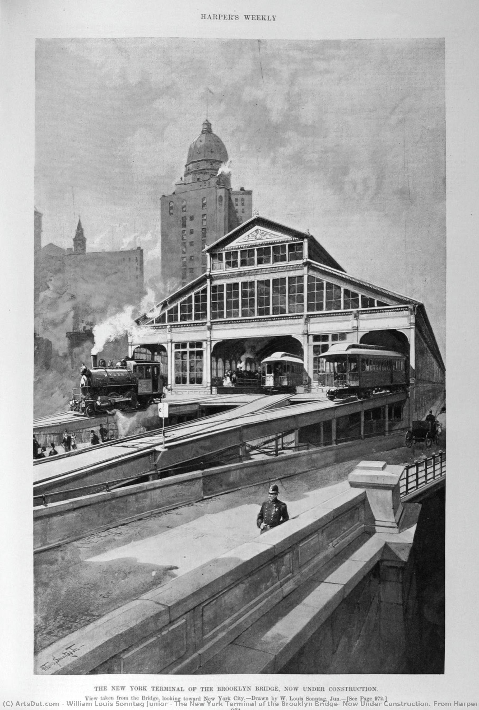 The New York Terminal Of The Brooklyn Bridge, Now Under Construction. From Harper — William Louis Sonntag Junior