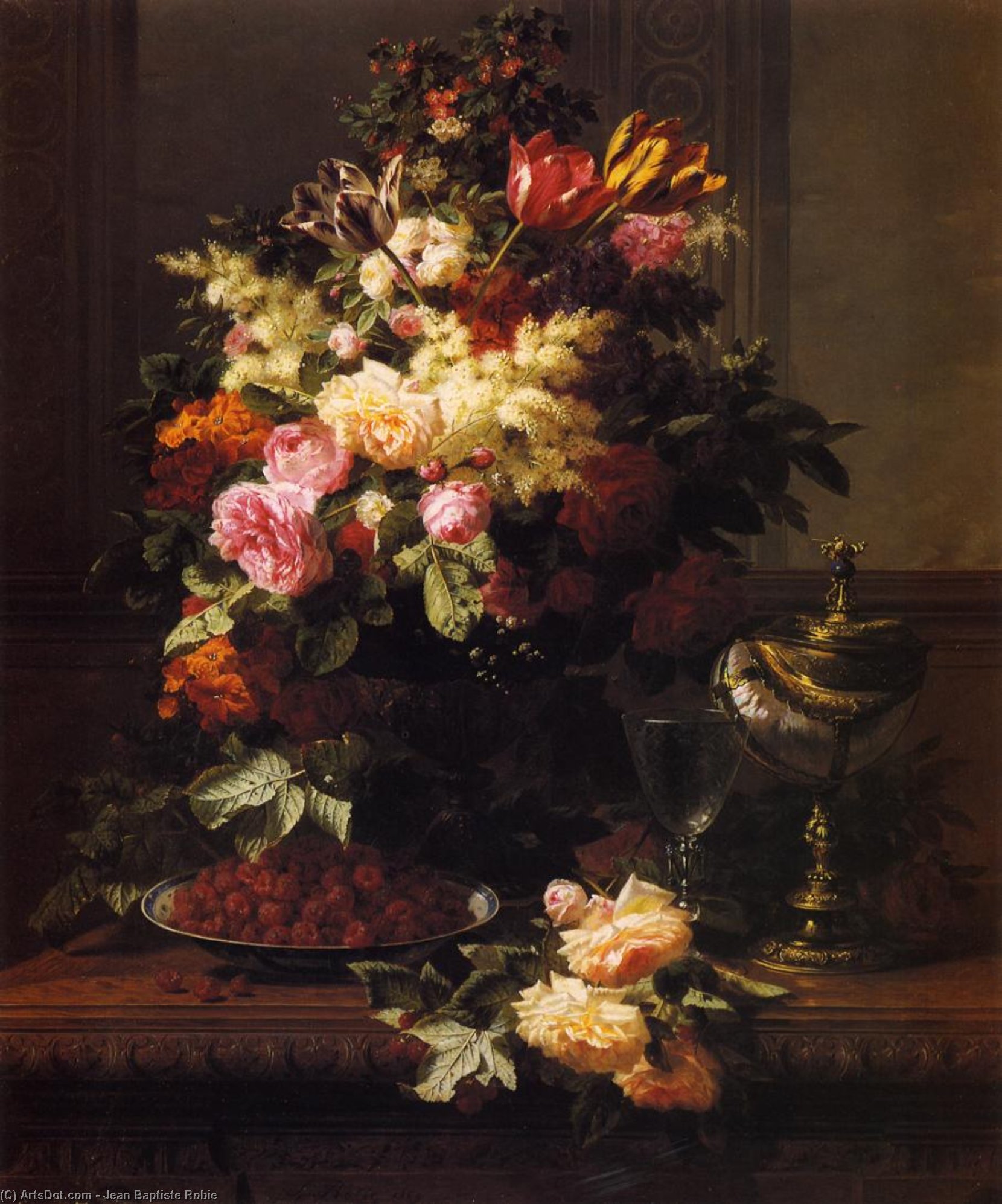 A Still Life Of Roses - Tulips And Other Flowers On A German ....tilus Cup On A Table — Jean Baptiste Robie