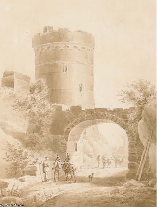 A Landscape With A Fortified Tower And A Bridge Of Figures And Asses — Victor Jean Nicolle
