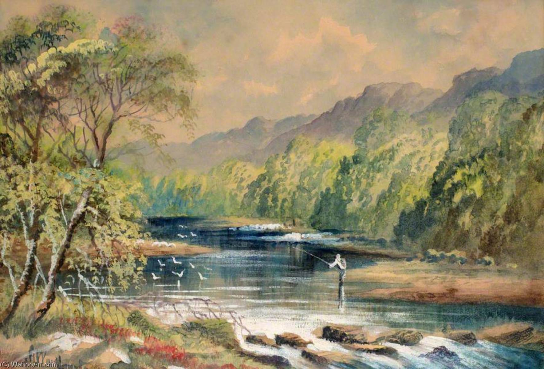 Landscape, Waterfalls And Man Fishing — Alfred Worthington
