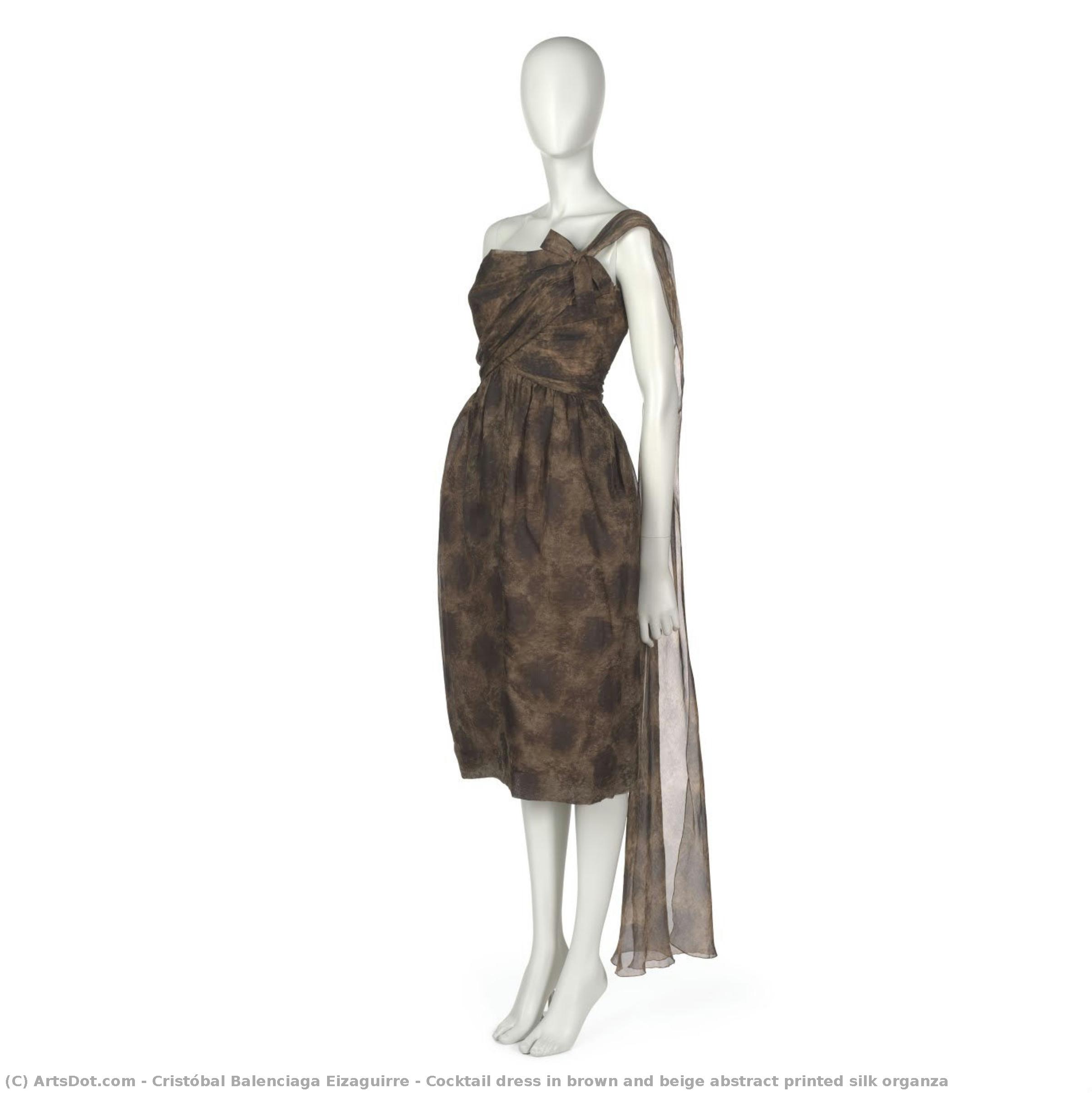 Vestido De Cóctel En Organza De Seda Con Estampado Abstracto En Marrón Y Beige — Cristóbal Balenciaga Eizaguirre