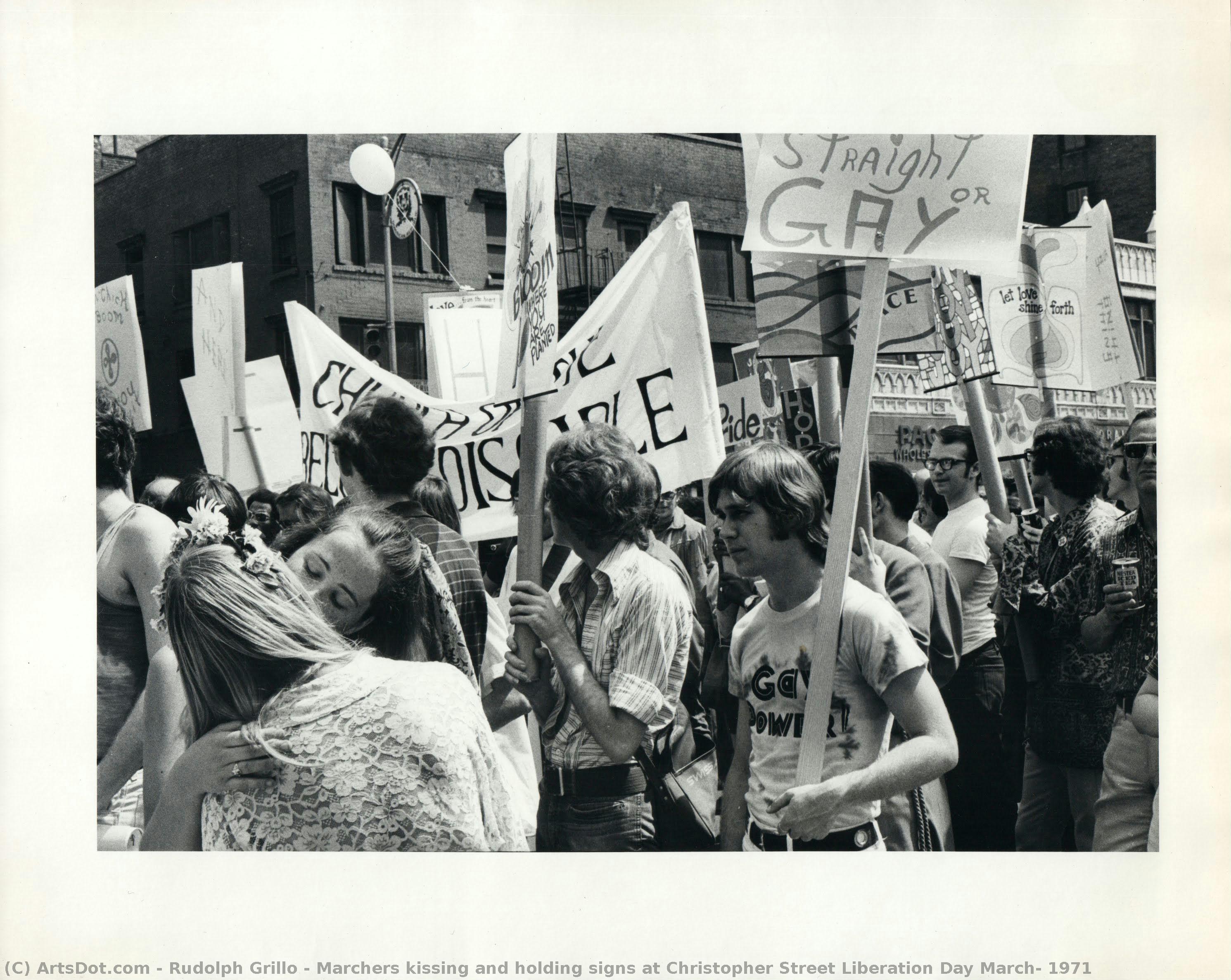 Marchers Kissing And Holding Signs At Christopher Street Liberation Day March, 1971 — Rudolph Grillo