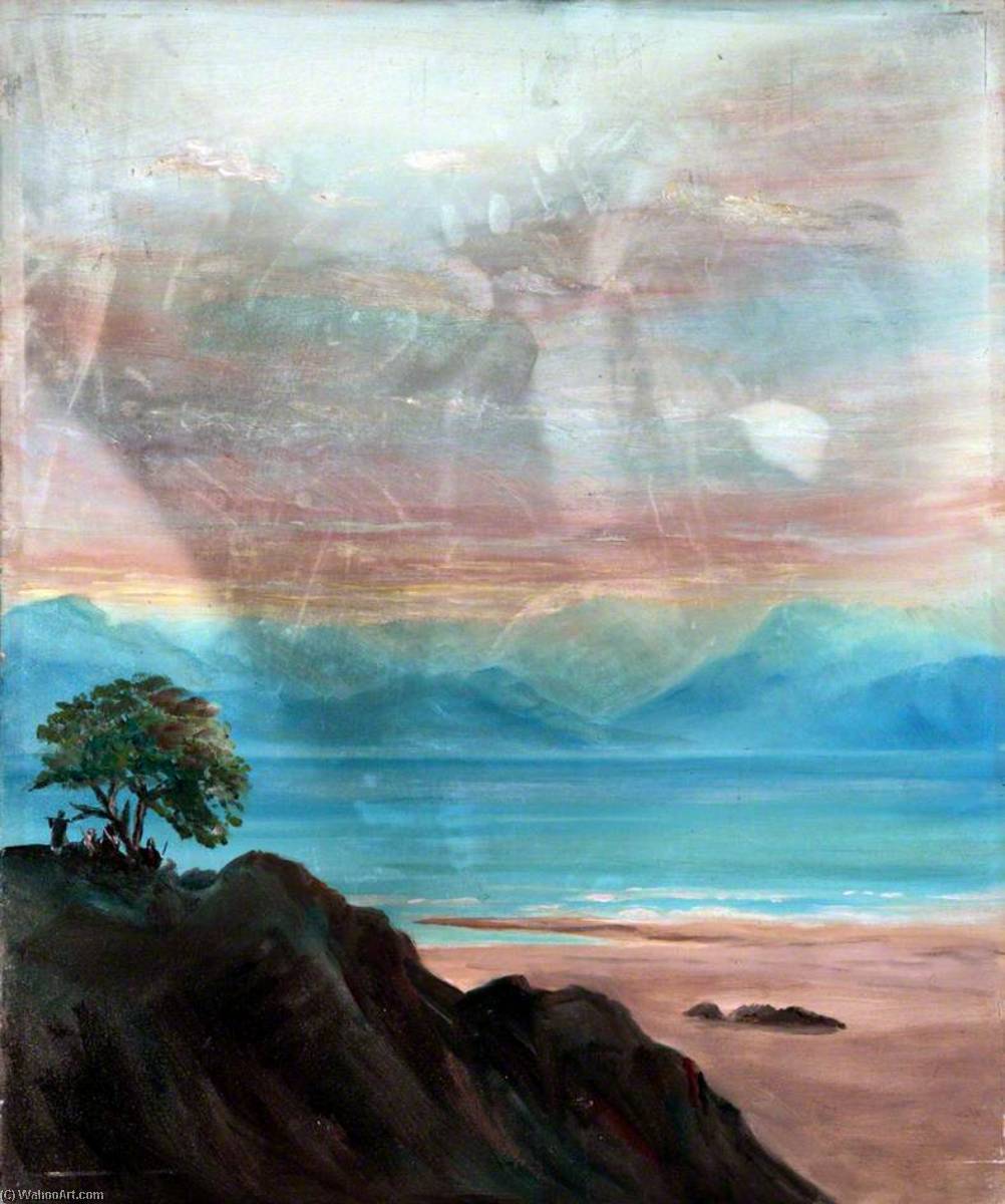 Landscape With A Rocky Mountaintop And Figures Under A Tree Overlooking A Bay With Distant Mountains — Caroline Emily Gray Hill