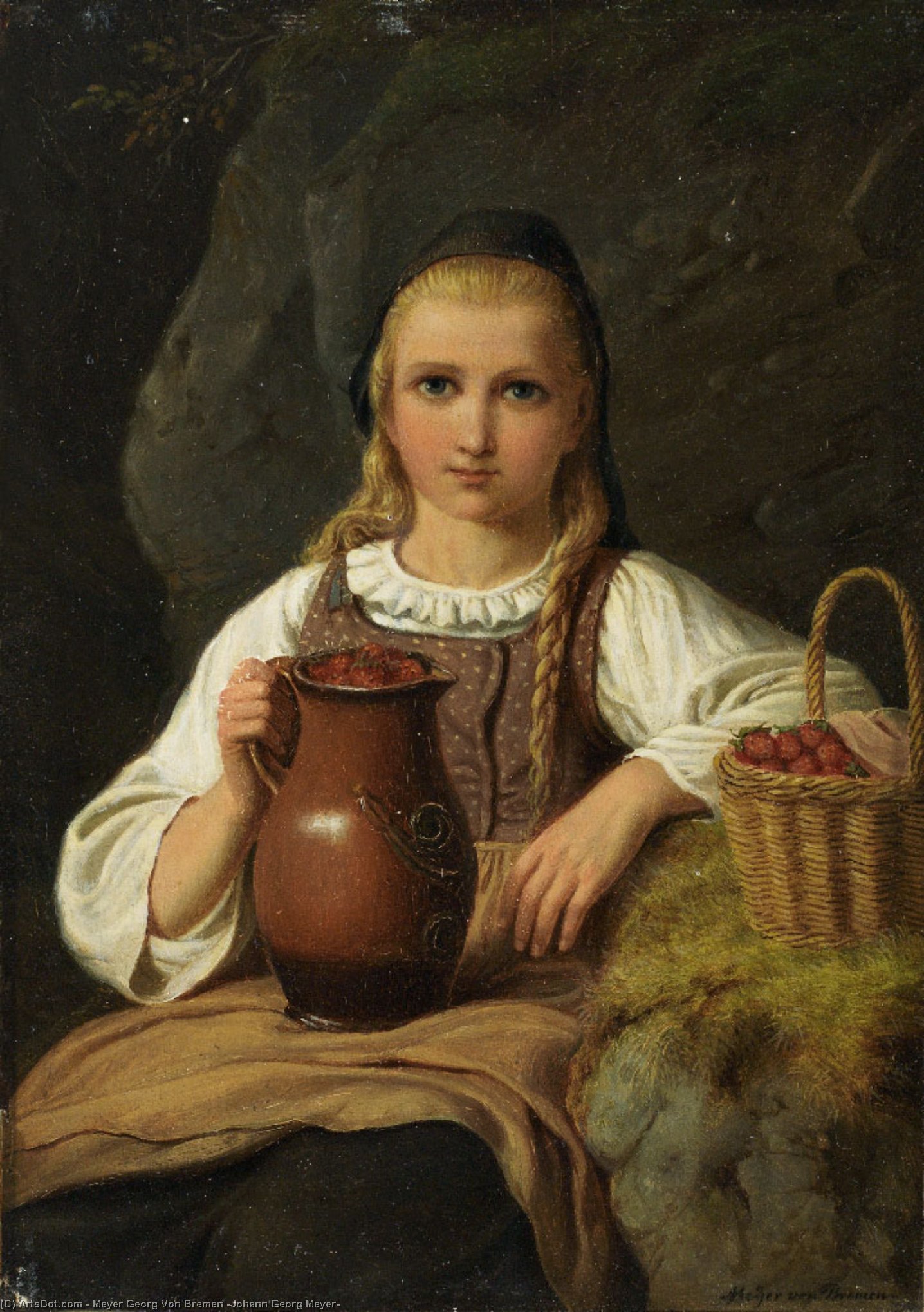 Girl In Costume With Strawberries In Basket And Jug — Meyer Georg Von Bremen (johann Georg Meyer)