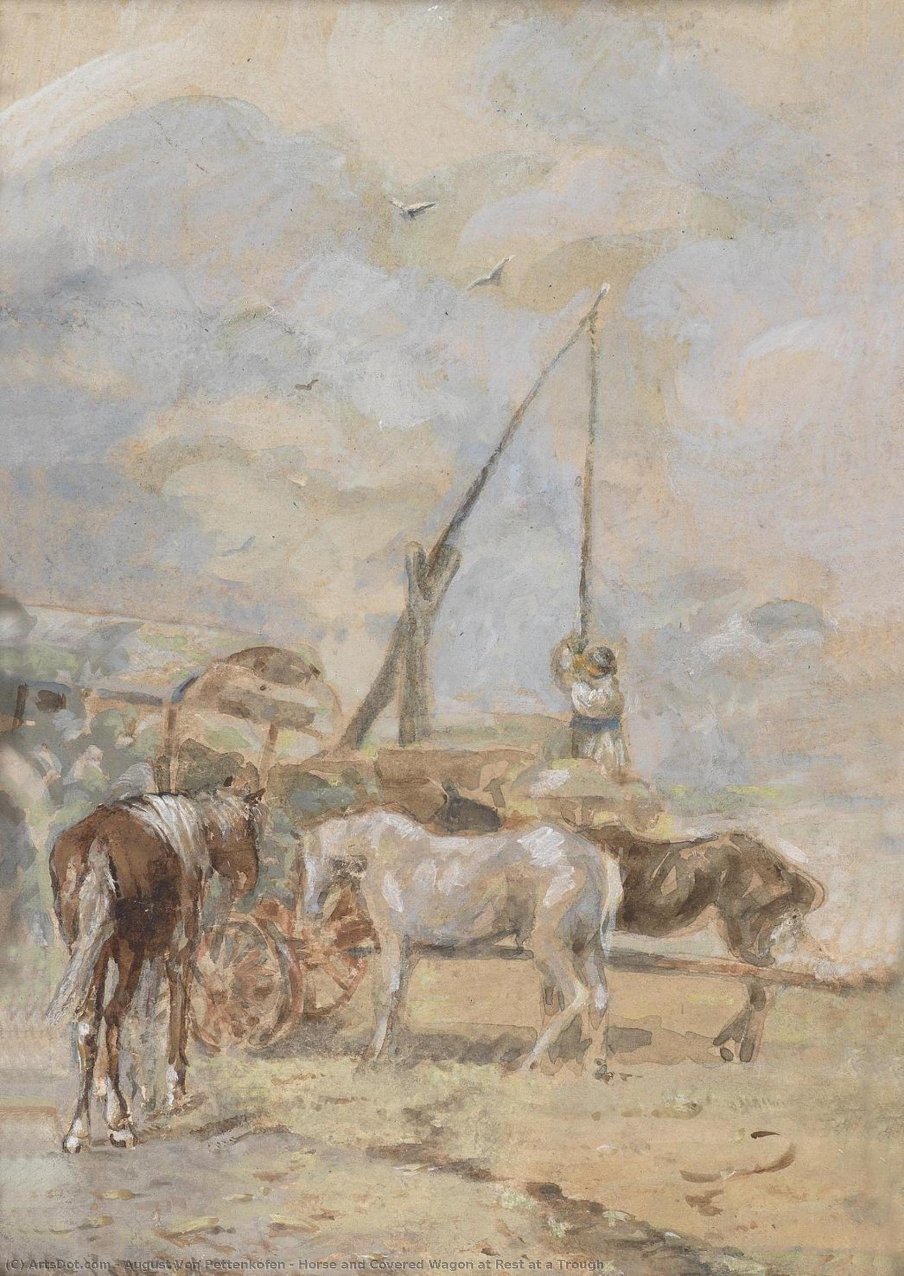 Horse And Covered Wagon At Rest At A Trough — August Von Pettenkofen