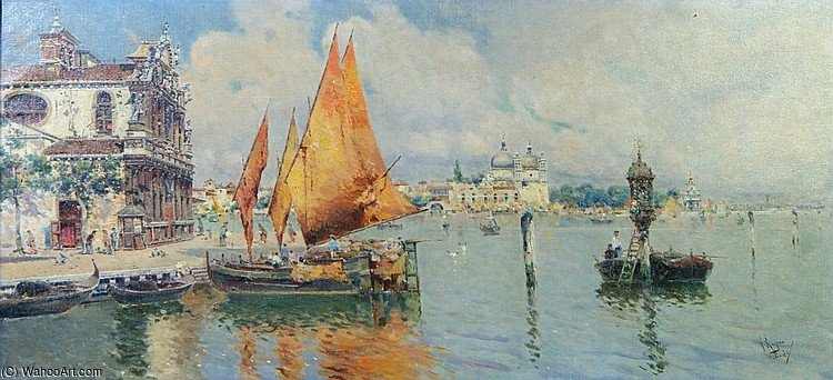 Sailboats On A Venetian Canal — Antonio Maria De La Concepcion Reyna Manescau