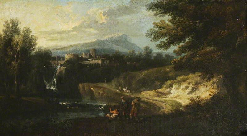 Romantic Landscape With Figures By A River, A Citadel In The Middle Distance — Francesco Zuccarelli