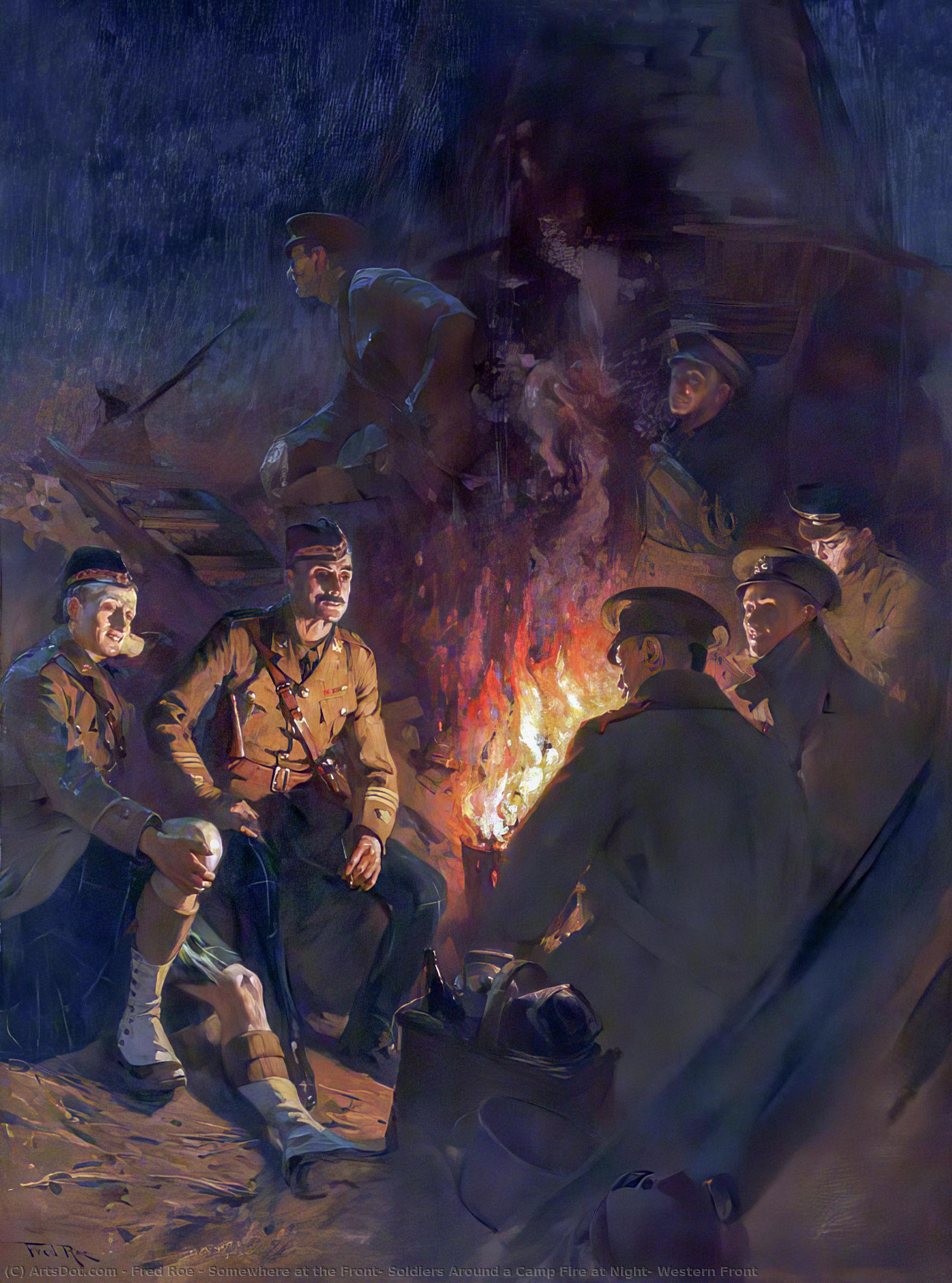 Somewhere At The Front, Soldiers Around A Camp Fire At Night, Western Front — Fred Roe