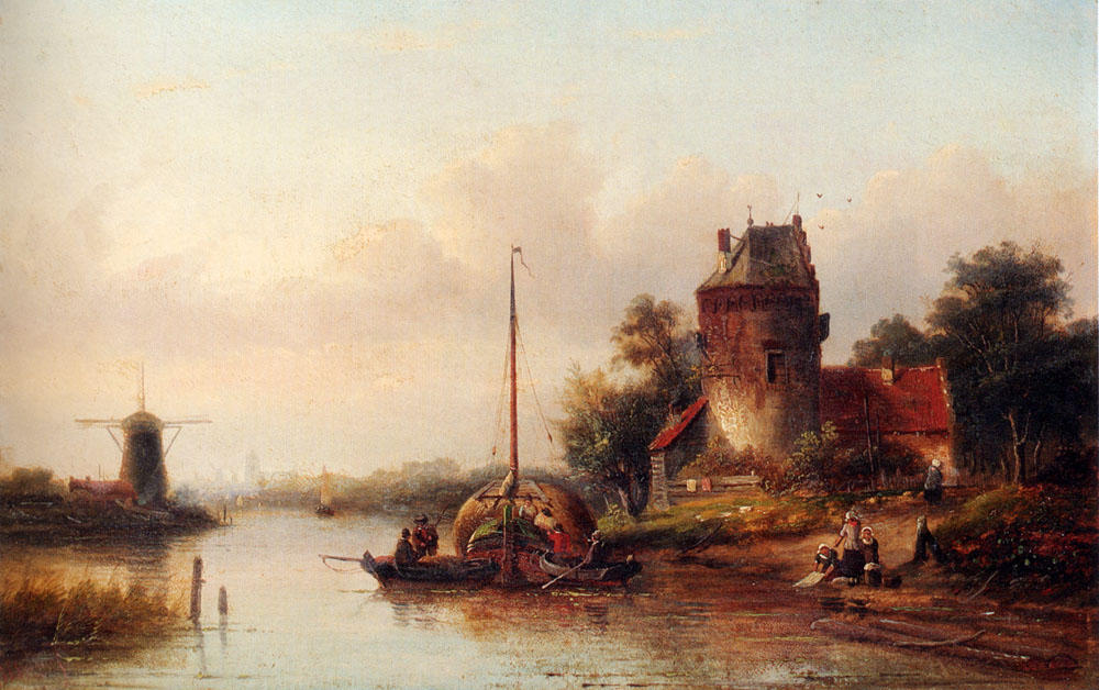 A River Landscape In Summer With A Moored Haybarge By A Fortified Farmhouse — Jan Jacob Coenraad Spohler