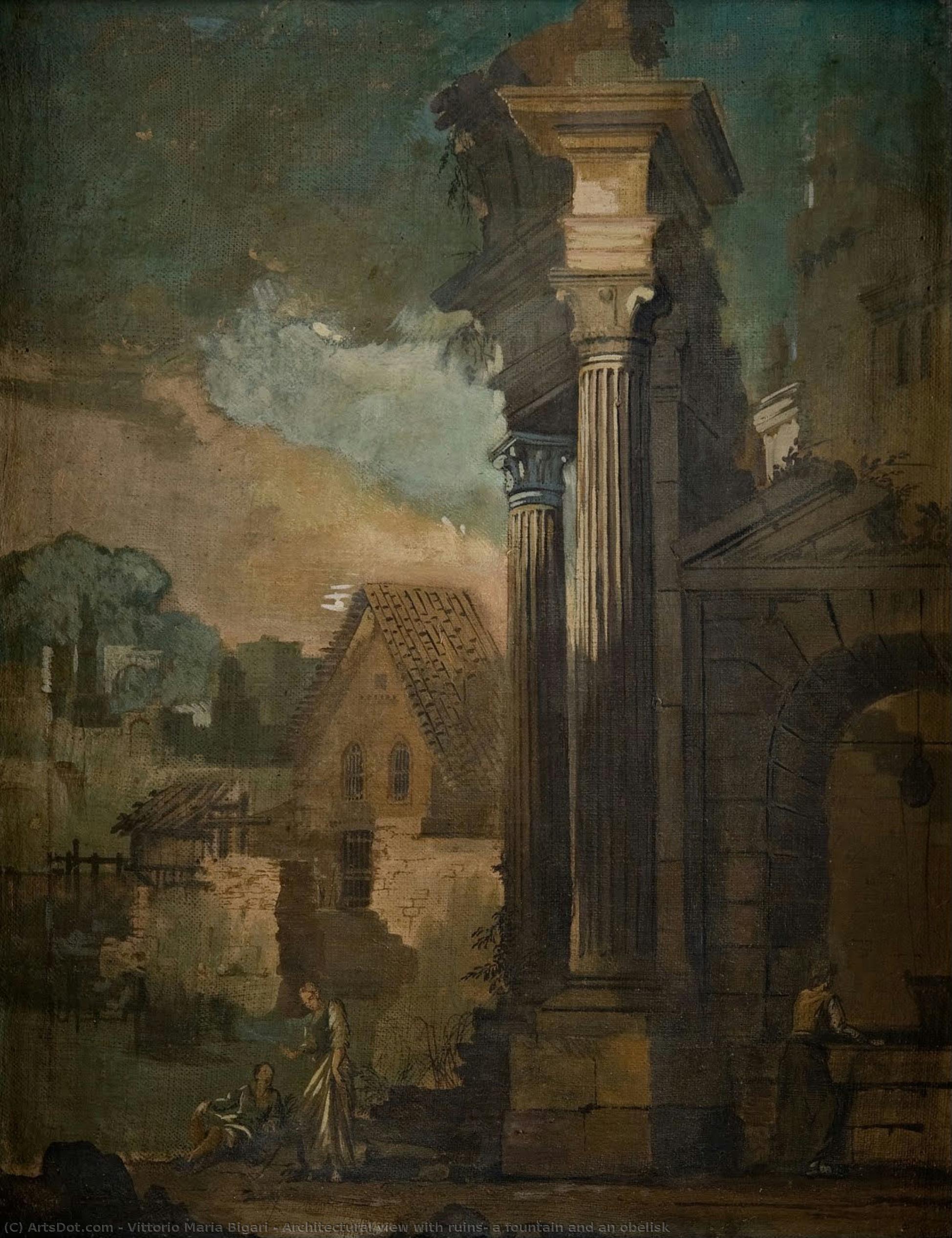 Architectural View With Ruins, A Fountain And An Obelisk — Vittorio Maria Bigari