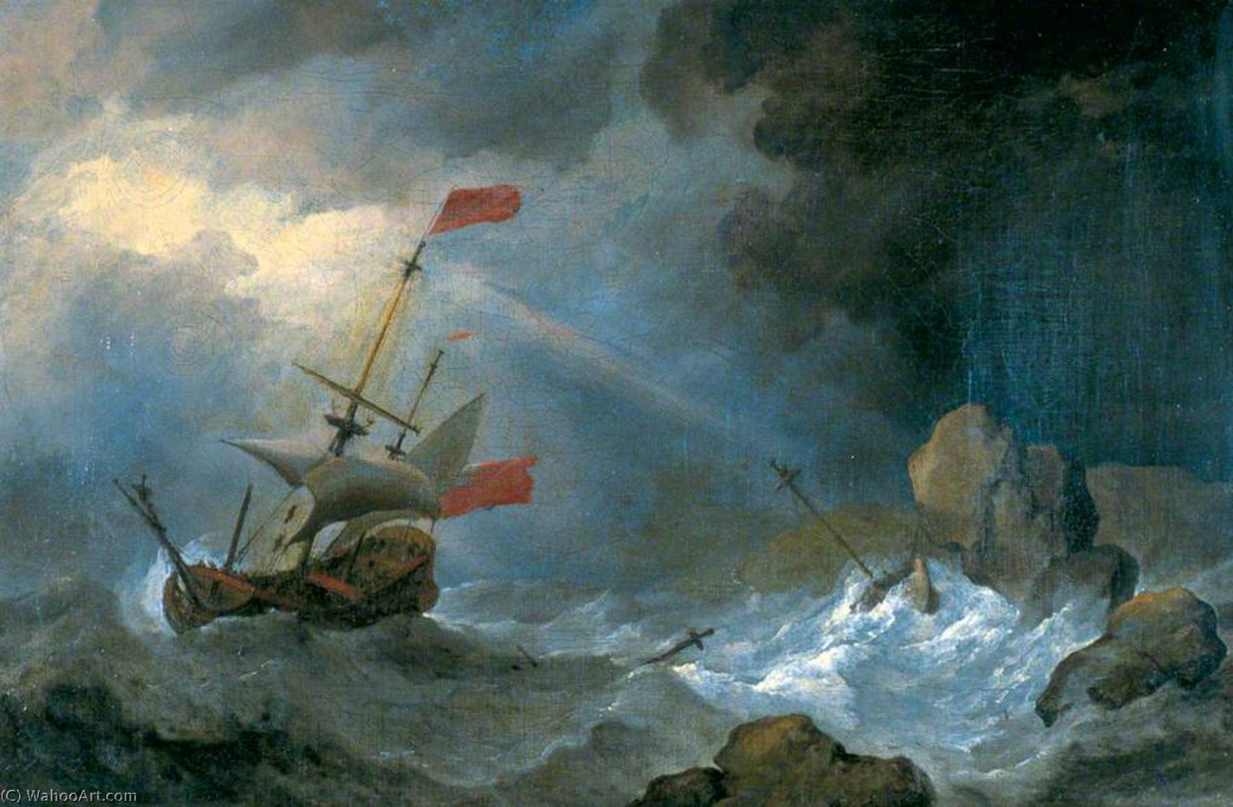 Man O' War In Distress Off Rocky Coast — Willem Van De Velde The Elder