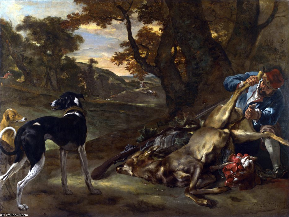 A Huntsman Cutting Up A Dead Deer, With Two Deerhounds — Jan Baptist Weenix