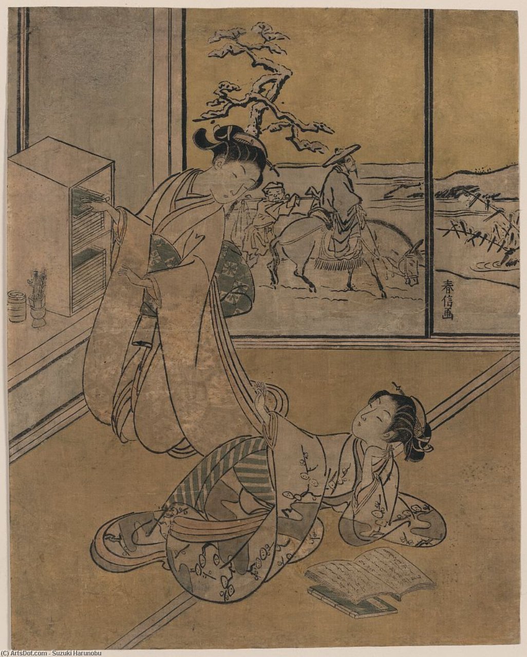 Two Young Girls Reading A Book — Suzuki Harunobu