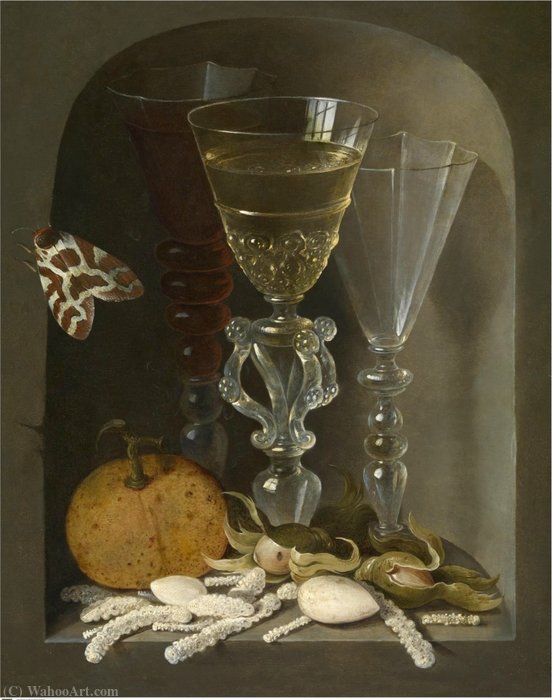 Stil Life With Three Wine Glasses In A Niche — Osias Beert The Elder