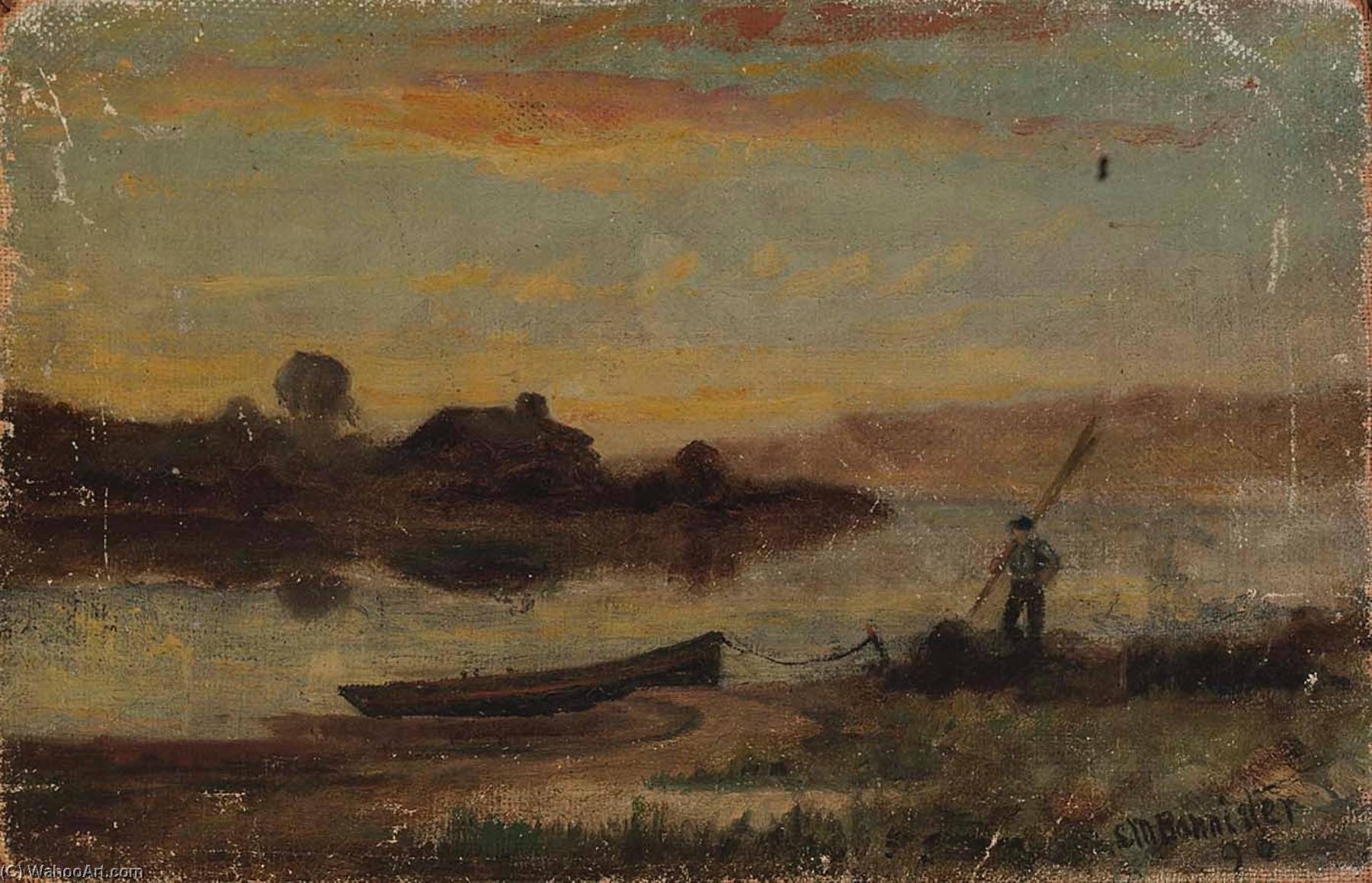 Untitled (landscape, Boat Moored Near Bank With Man Walking) — Edward Mitchell Bannister