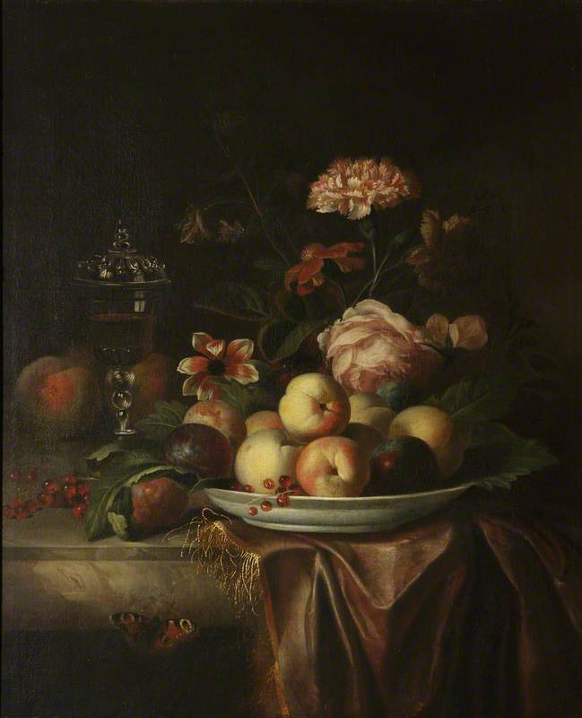 A Dish Of Peaches And Plums On A Marble Table With Flowers And A Glass Chalice — Jakab Bogdány