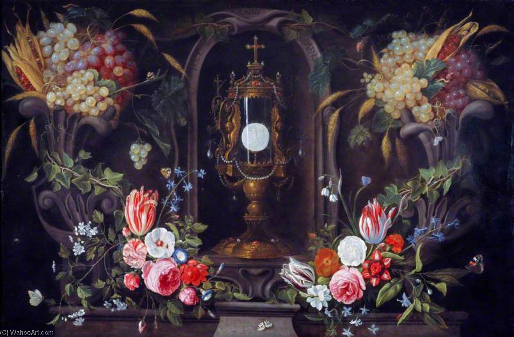 Still Life Of Flowers And Grapes Encircling A Monstrance In A Niche — Jan Van Kessel The Elder