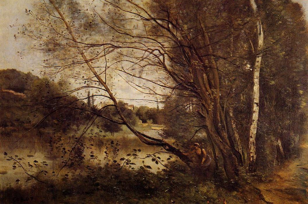 Pond At Ville D'avray, With Leaning Trees — Jean-baptiste-camille Corot
