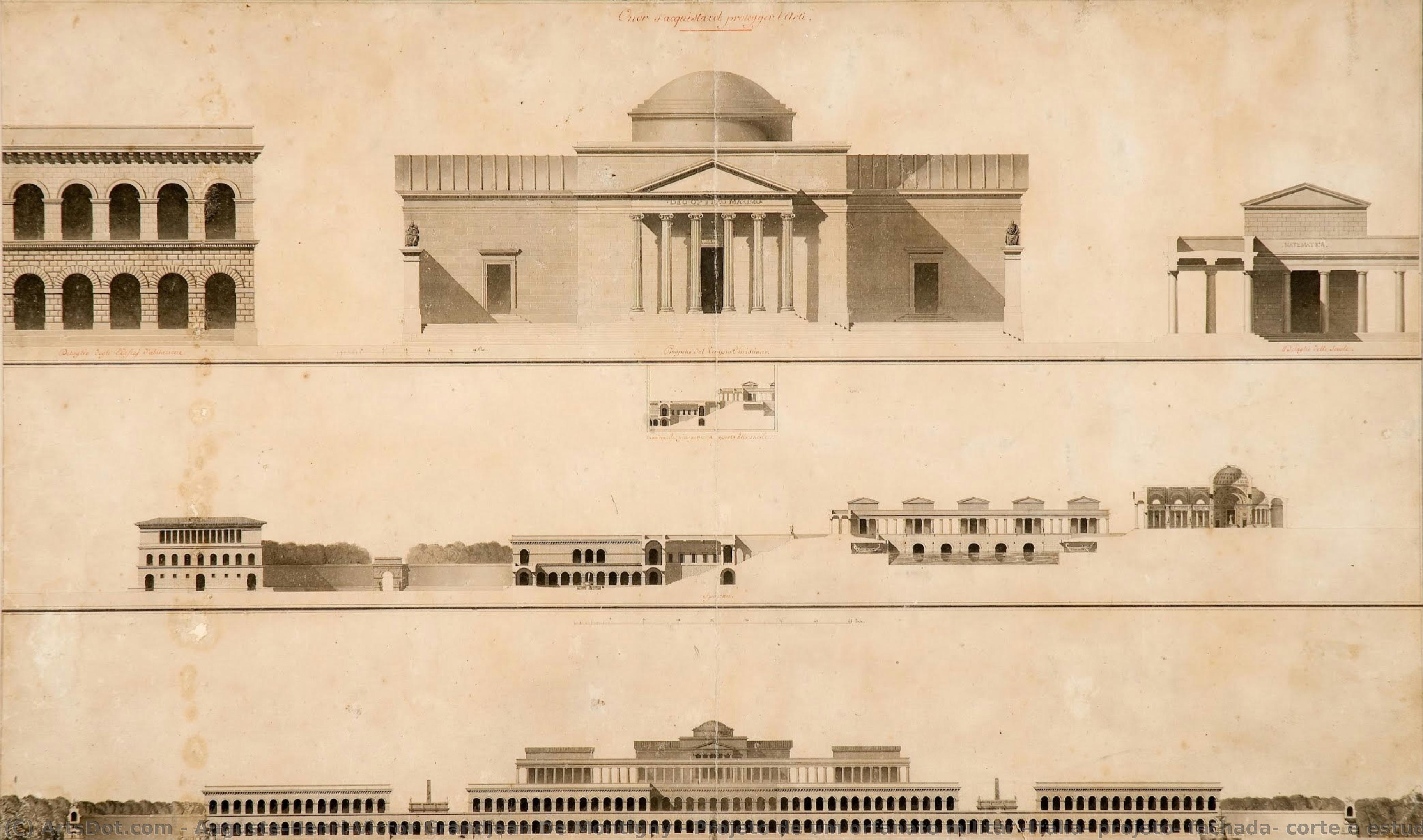 Projeto De Um Orfanato Militar [itália, Projeto: Fachada, Corte E Estudo De Detalhes] — Auguste-henri-victor Grandjean De Montigny