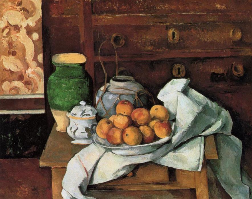 Vessels Fruit And Cloth In Front Of A Chest — セザンヌ