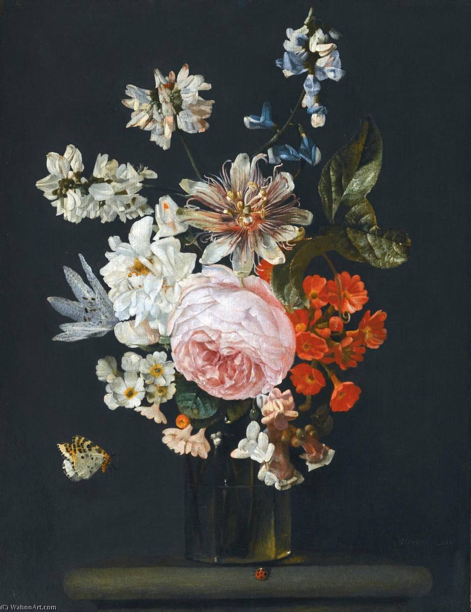 Still Life Of Roses, Peonies And Passion Flowers In A Glass Vase On A Stone Ledge With A Ladybird And A Butterfly — Carstian Luyckx
