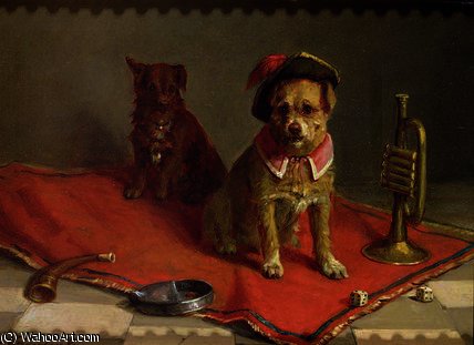 Dog In Military Hat And Collar With Trumpet And Dice — Charles Van Den Eycken
