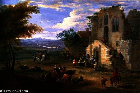 Villagers Conversing By A Ruined Church — Mathys Schoevaerdts
