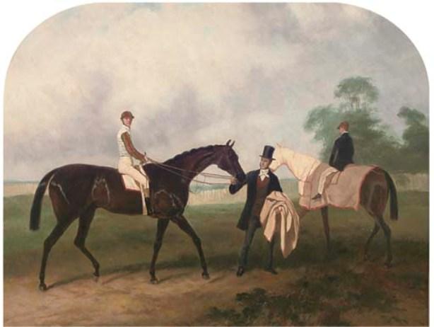 Portrait Of A Jockey Up, On A Bay Racehorse, Held By Its Owner, A Groom On A Bay Beyond, In A Paddock — John Frederick Herring Senior