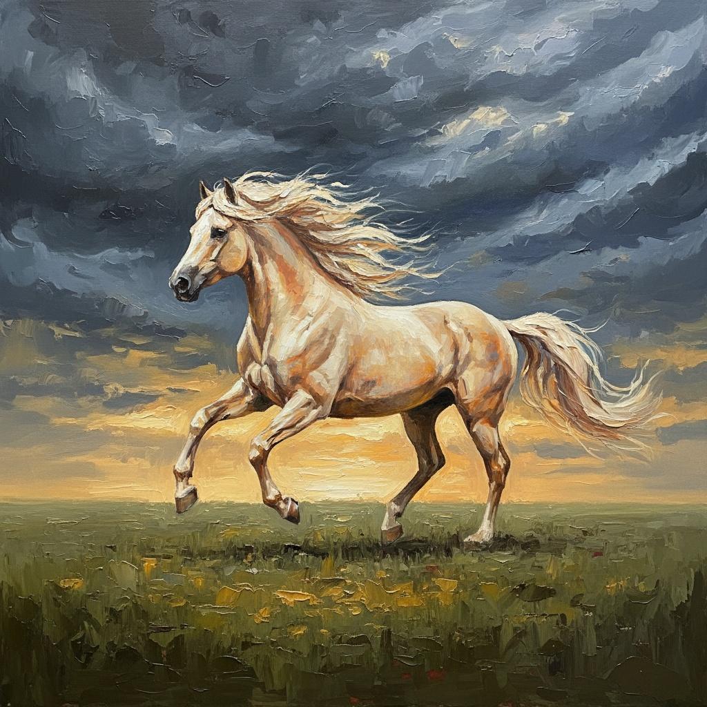 Ätherischer Galopp Inmitten Des Goldenen Horizonts Und Turbulenter Indigoblauer Himmel — Christian Noiret